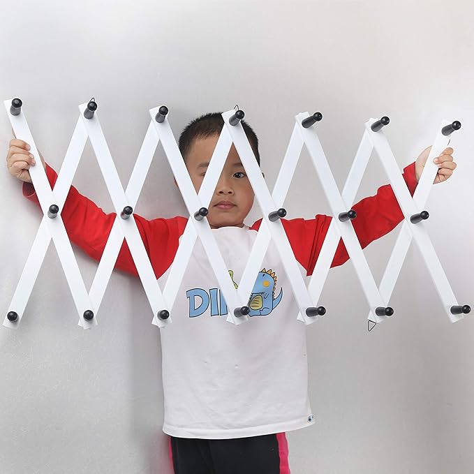 WEBI Accordion Wall Hanger,Expandable Wooden Coat Rack,Accordion Hat Rack for Wall for Hats,20 Peg Hooks,Black White,2 Packs