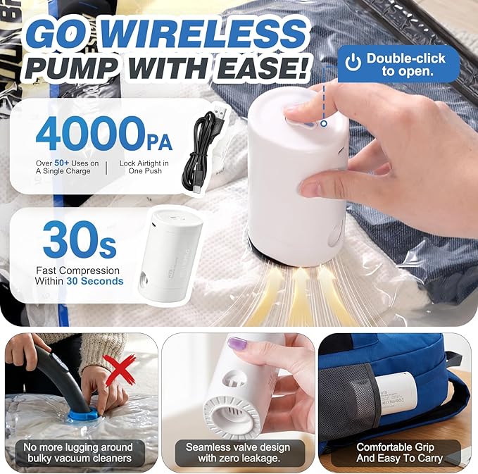 Vacuum Seal Bags for Clothing Travel with Rechargeable Electric Pump, Space Saver Vacuum Storage Bags Travel, Reusable Compre
