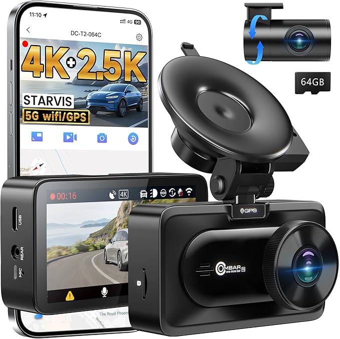 OMBAR Dash Cam Front and Rear, 4K/2.5K Ultra HD Dash Camera for Cars, Included 64GB Card, Built-in 5G Wi-Fi & GPS, 3.16” IPS 