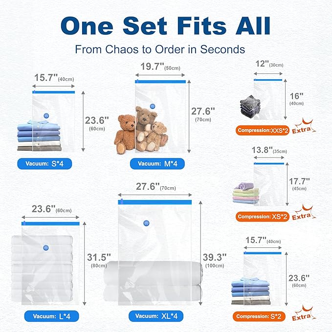 HOUSE DAY 22 Pack Vacuum Seal Bags For Clothing Travel, Vacuum Bags With Electric Pump, Vacuum Sealer Bag for Clothes, Comfor