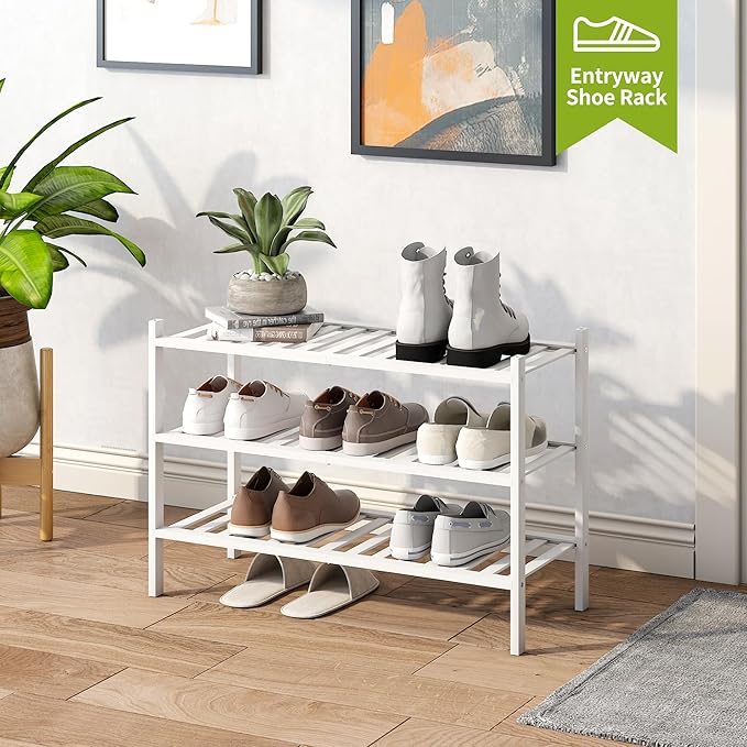 BMOSU 3-Tier Bamboo Shoe Rack Premium Stackable Shoe Shelf Storage Organizer for Hallway Closet Living Room Entryway Organize