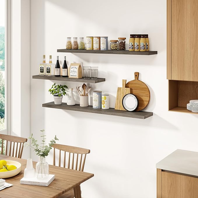 Vivelove Elm Wood Floating Shelves, Wooden Shelves for Wall with Invisible Bracket for Living Room Bedroom Bathroom Office Bo