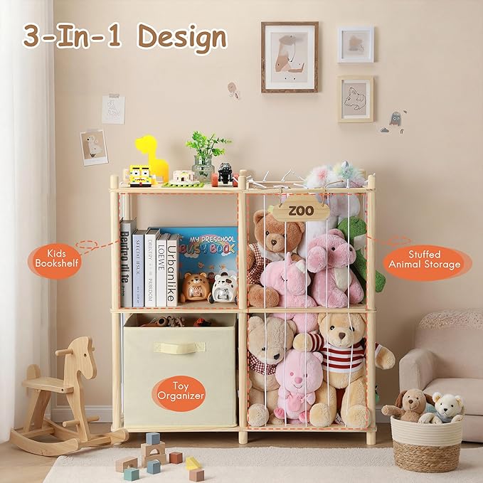LAMU Stuffed Animal Storage and Kids Bookshelf, Wooden Toy Organizer with Large Toy Box Chest, Kids Bin Shelf Toys Box Bookca
