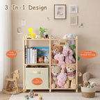 LAMU Stuffed Animal Storage and Kids Bookshelf, Wooden Toy Organizer with Large Toy Box Chest, Kids Bin Shelf Toys Box Bookca