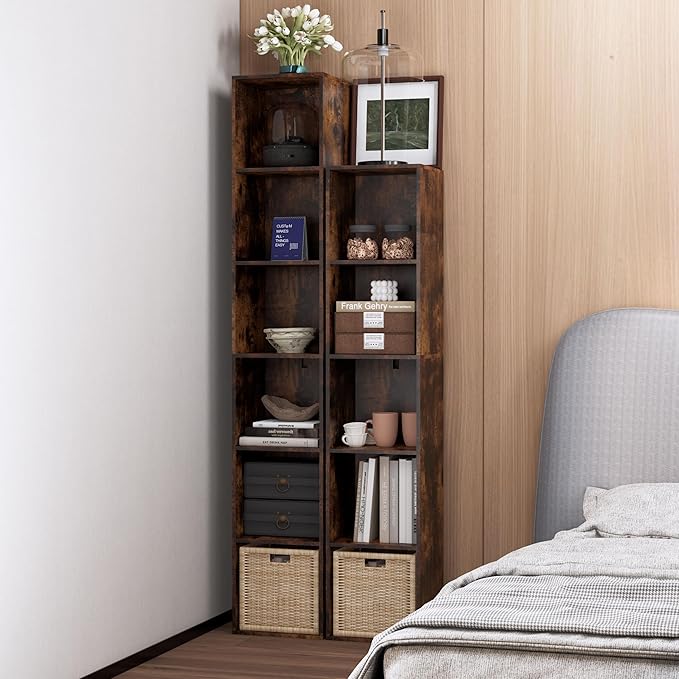 Cube Storage Organizer, 5 Cube Retro Bookshelf, Freestanding 5 Tier Open Shelf, Rustic Brown Retro Shelves for Home Office, B