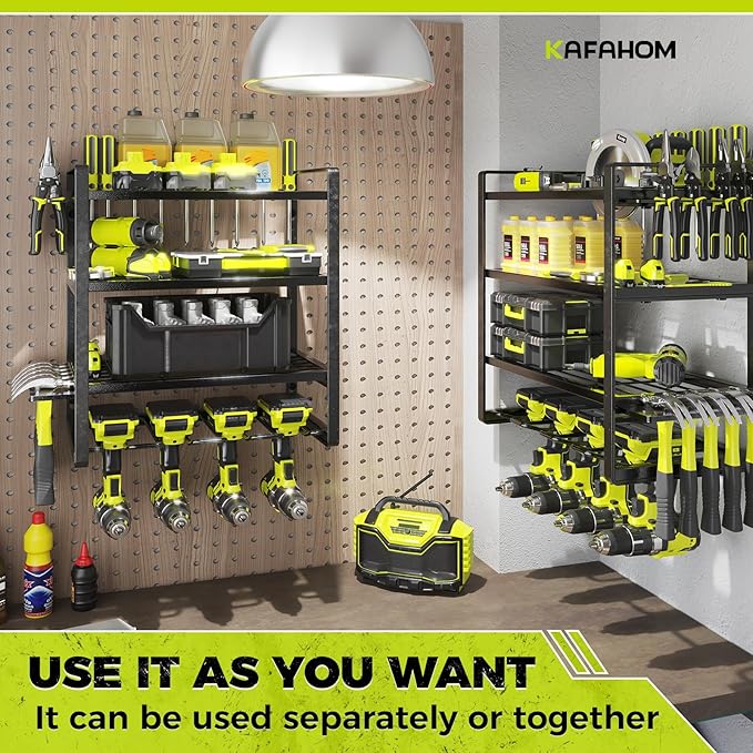KAFAHOM Power Tool Organizer Wall Mount, 4-Tier Drill Holder for Cordless Tools, 2-Pack Set, Garage Storage Rack with Side Ho