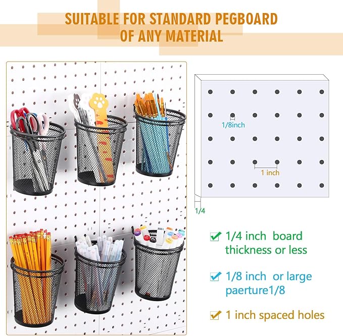 Spakon 6 Sets Pegboard Cups with Ring Hook, Peg Board Baskets Bin Holder Organizer Accessories Pegboard Pencil Cup Multipurpo
