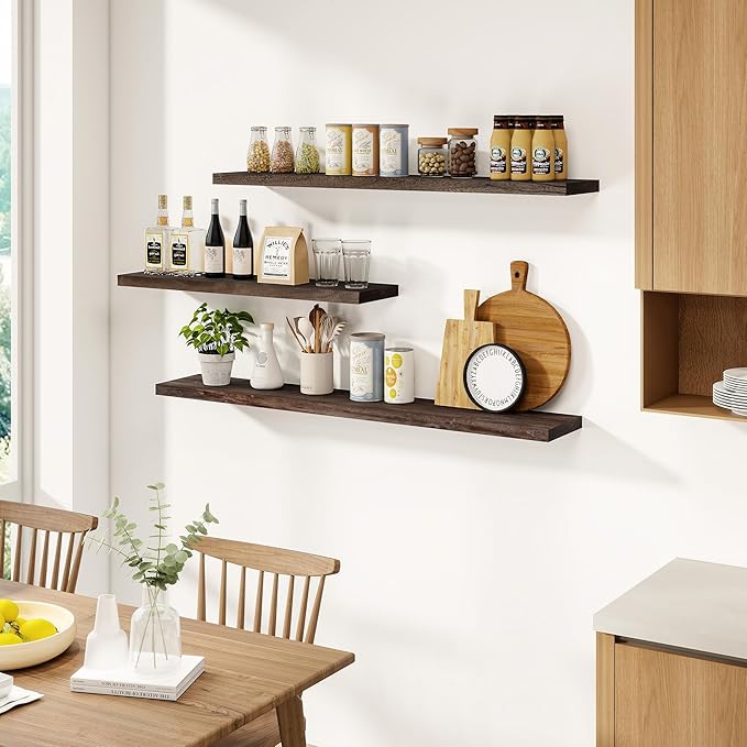 Vivelove Solid Wood Floating Shelves Set of 2, Elm Wood Wall Shelf with Invisible Bracket for Living Room Bedroom Bathroom Of