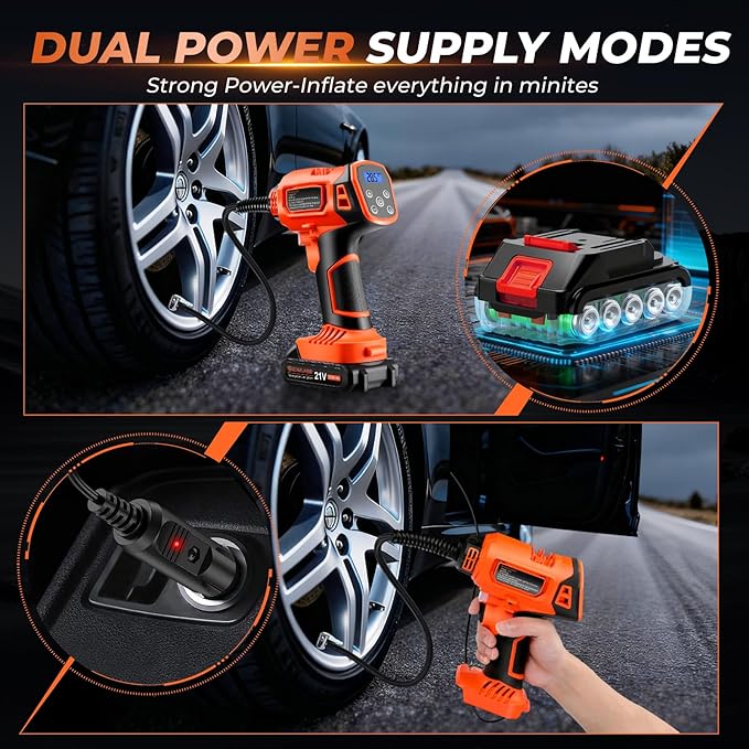 Tire Inflator Portable Air Compressor, 21V Cordless Car Tire Pump, Rechargeable Battery Powered Handheld 160PSI Tire Inflator with Digital Pressure Gauge for Car Motorcycle E-Bike