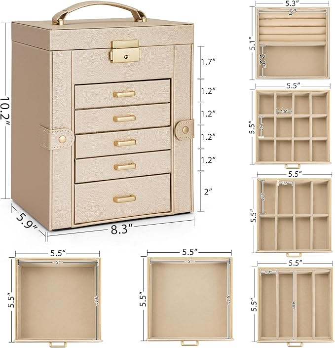 AKOZLIN 6-Tier Jewelry Box Lockable Leather Jewelry Storage Case with 5 Drawers for Women Girls Ring Necklace Earring Bracele