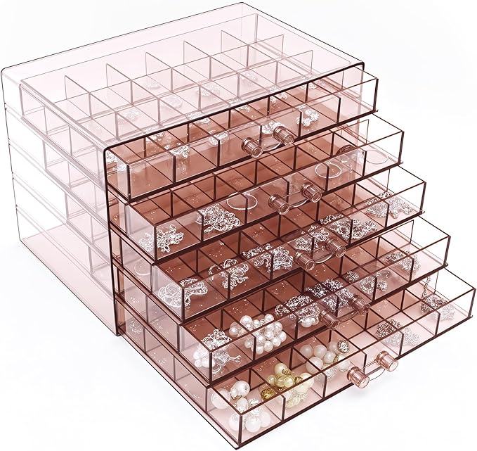Clear Pink Acrylic Jewelry Storage Box, Earring Jewelry Organizer with 5 Drawers, 5-Layer Jewelry Box for Women, Earring Disp
