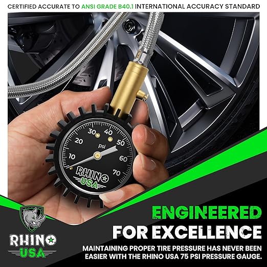 Rhino USA Heavy Duty Tire Pressure Gauge (0-75 PSI) - Certified ANSI B40.1 Accurate, Large 2" Easy Read Glow Dial, Premium Braided Hose, Solid Brass Hardware, Best for Any Car, Truck, Motorcycle, RV