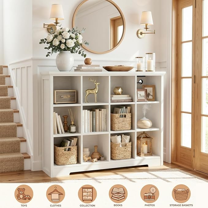 Aheaplus Wooden 12-Cube Storage Organizer with Charging Ports, Modern Cube Bookcase with Base, 4-Tier Floor Standing Open Cub