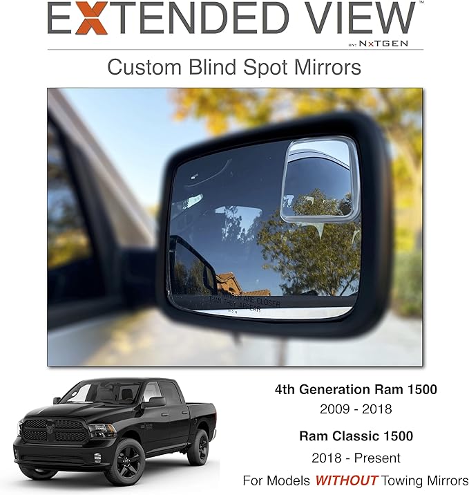 NXTGEN Custom Blind Spot Mirrors - Extended View (2 Pack) Compatible With 4th Gen Ram 1500 - 2 Piece Set (Left & Right)