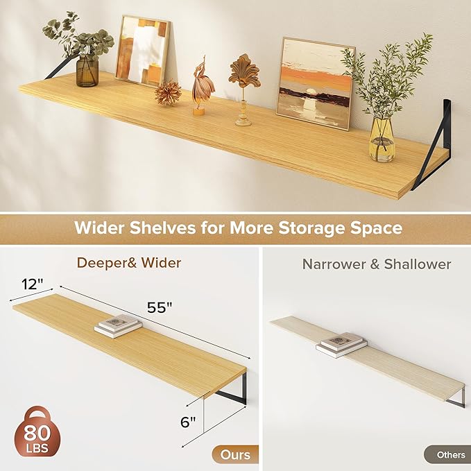 Deep Floating Shelves Wall Mounted, 55"x12" Oak Wall Shelves with Brackets Set of 2 for Bedroom, Living Room, Bathroom, Kitch