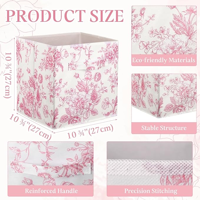 Geelin 6 Pcs Pink Floral Cube Storage Bins 11 Inch Pink Flower Storage Basket with Handle, Preppy Girls Organizer Basket, Col