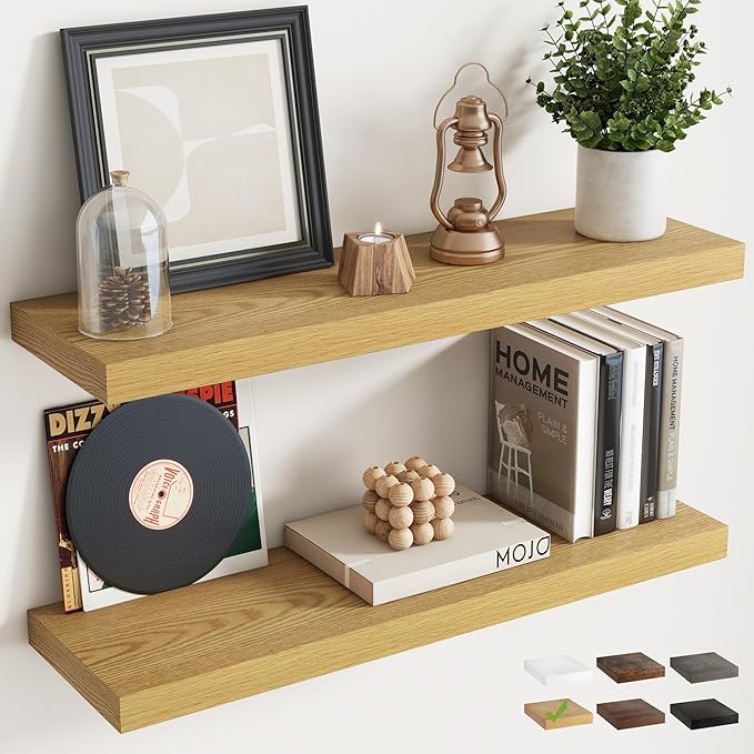 32 Inch Floating Shelves for Wall Set of 2, 8"D Wood Grain Bathroom Shelves with Invisible Brackets, Easy Install Engineered 