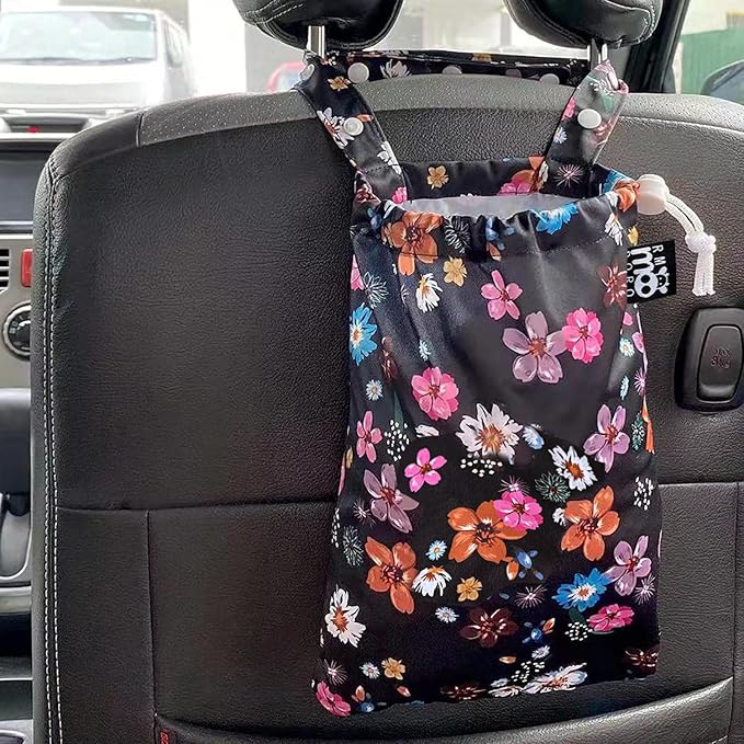 Waterproof Car Trash Bag Reusable Portable Garbage Can with Drawstring Top Adjustable Hanging Strap Leakproof & Washable for Cars SUVs & Trucks (Small Flowers)