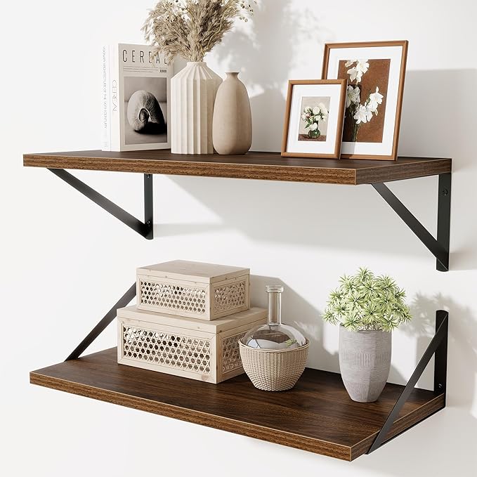 Deep Floating Shelves,24" Wx10 D Floating Shelf for Wall Set of 2,Hanging Storage Shelf with Metal Brackets,Wide Display Wall