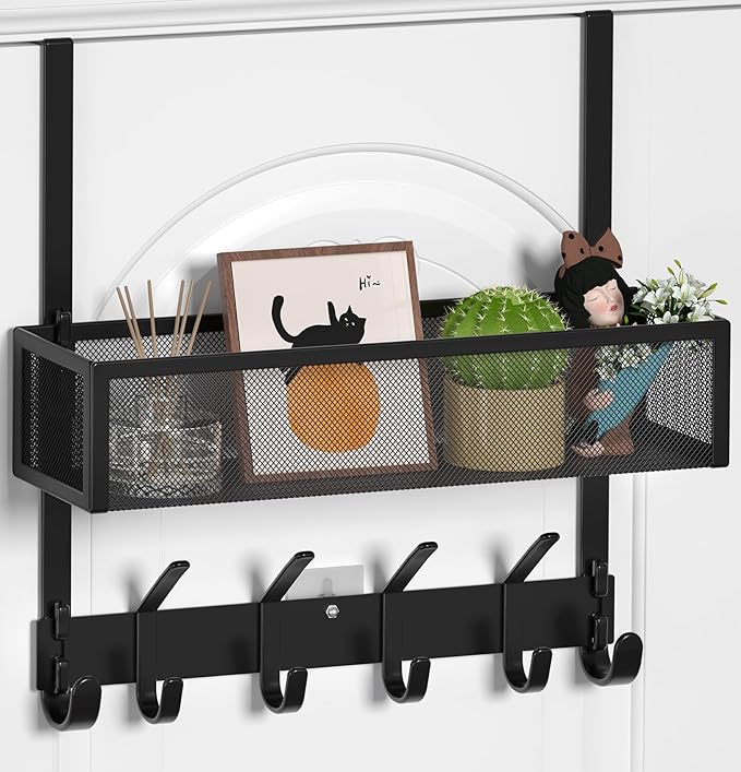 Over The Door Hooks Organizer, Over The Door Towel Rack with Mesh Basket, 10 Coat Hooks and 2 Wreath Hangers, Bathroom Door O