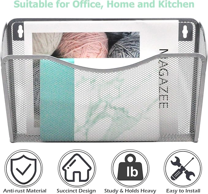 EASEPRES 6 Single Pocket Mesh Hanging File Organizer, Vertical Wall Mounted Magazine File Holder, Mount Basket Mail Paper Doc