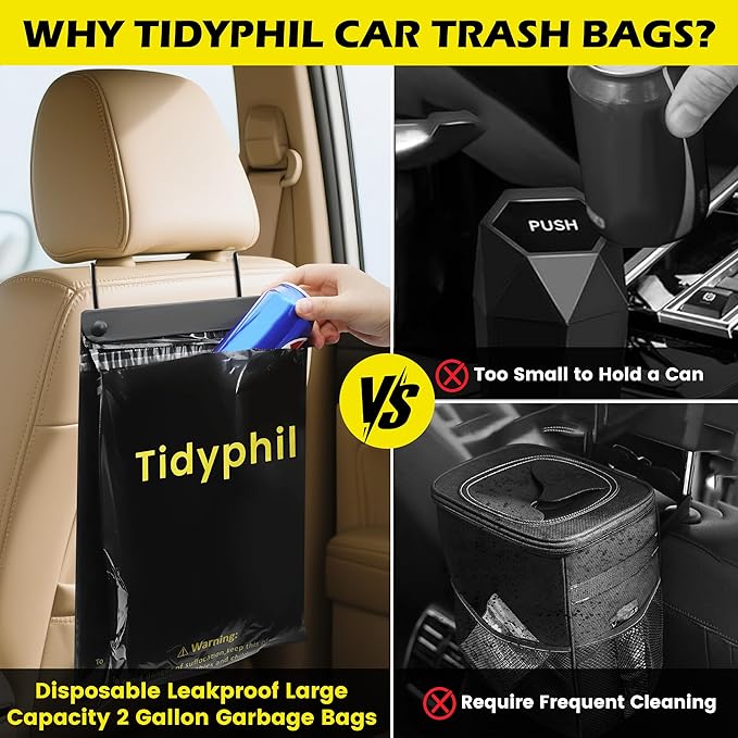 150 PCS Disposable Car Trash Bags Hanging, Leak-proof, Odor Seal. 2 Gallon Car Garbage Bags, Big Capacity. Independent of Car Trash Can, Easy Stick-On Car trash Bin for Car, SUV, Truck, Stroller.Black