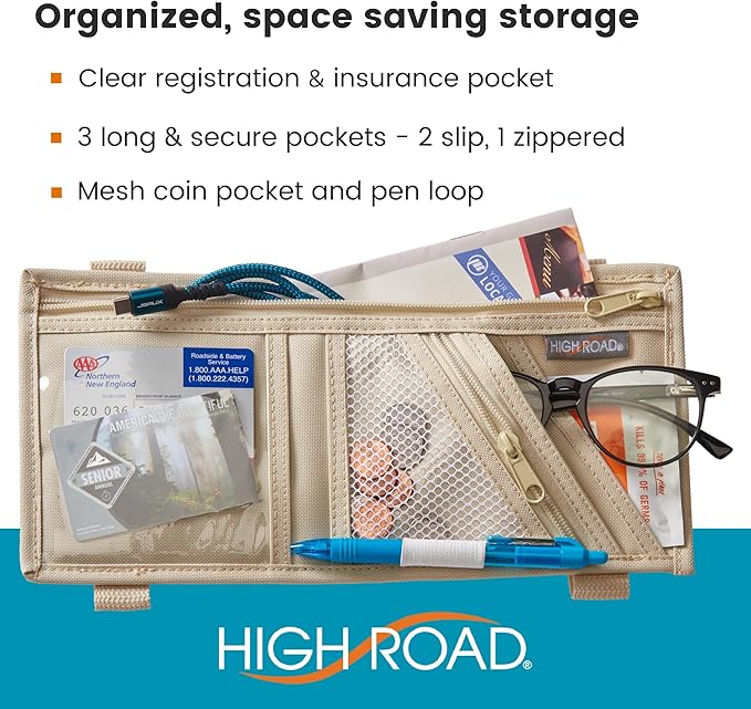 High Road Car Visor Organizer with Zippered Pockets, Sunglasses Sleeve and Clear Photo or Registration and Insurance Pocket - Heavy Duty Straps Fit Most Car, SUV and Truck Visors - Tan