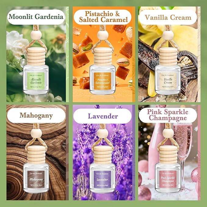 6 Pack Car Air Freshener for Women, Long Lasting Slow-Release Natural Essential Oil Scents Air Freshener Diffuser, Hanging Cu