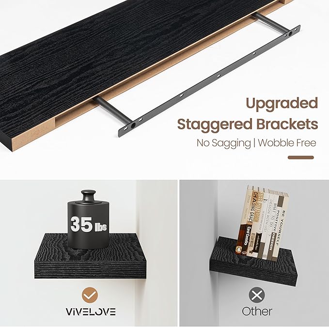 Vivelove Floating Shelves 24 Inch, Black Wall Shelves Over Toilet with Invisible Brackets for Bathroom Living Room Kitchen Be