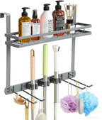Broom Holder Door Mount,Door Mounted Broom and Mop Holder with Dual Tool Hooks, Three Slots, and One Tool Storage Basket For 
