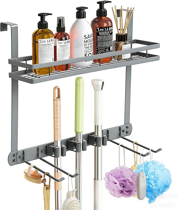 Broom Holder Door Mount,Door Mounted Broom and Mop Holder with Dual Tool Hooks, Three Slots, and One Tool Storage Basket For 