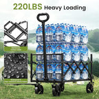 220LBS Foldable Wagon with All-Terrain Wheels, Portable Wagon Cart with Extended Tailgate, Adjustable Handle, Utility Cart for Camping, Shopping, Garden, Sports, Grocery, Black