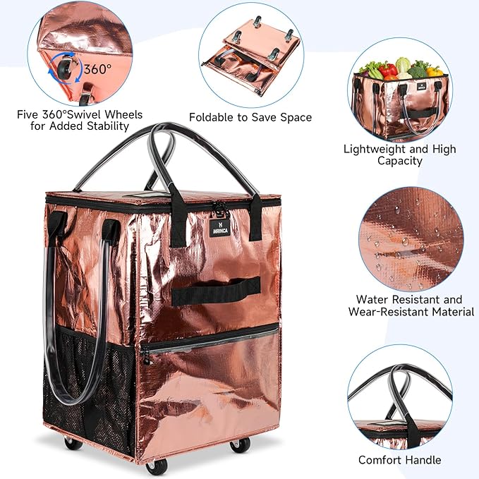 Reusable Grocery Bag On Wheels, 70L Foldable Shopping Cart with 6 Pockets & 3-Way Carry, Heavy Duty Handles, Zipper Closure for Travel, Shopping, Laundry, Medium, Rose Gold