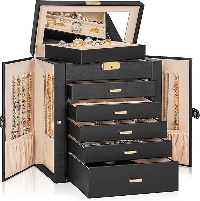 AKOZLIN Large 6-Tier Jewelry Box Lockable Leather Jewelry Storage Case with 5 Drawers for Women Girls Ring Necklace Earring B