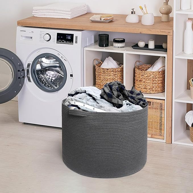 MEGASKET Large Dark Grey Storage Basket, Woven Cotton Rope Baskets for Storage, Big Blanket Organizer Storage Basket for Livi
