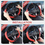 SEG Direct Flat Bottom Steering Wheel Cover, D Shaped Car Wheel Cover 14 1/2-15 in. (37-39 cm), Black Red Microfiber Leather