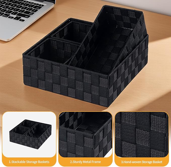 Posprica Small Black Baskets Cube Bin Container Tote,Woven Storage Baskets for Organizing Organizer Divider for Drawer, Close