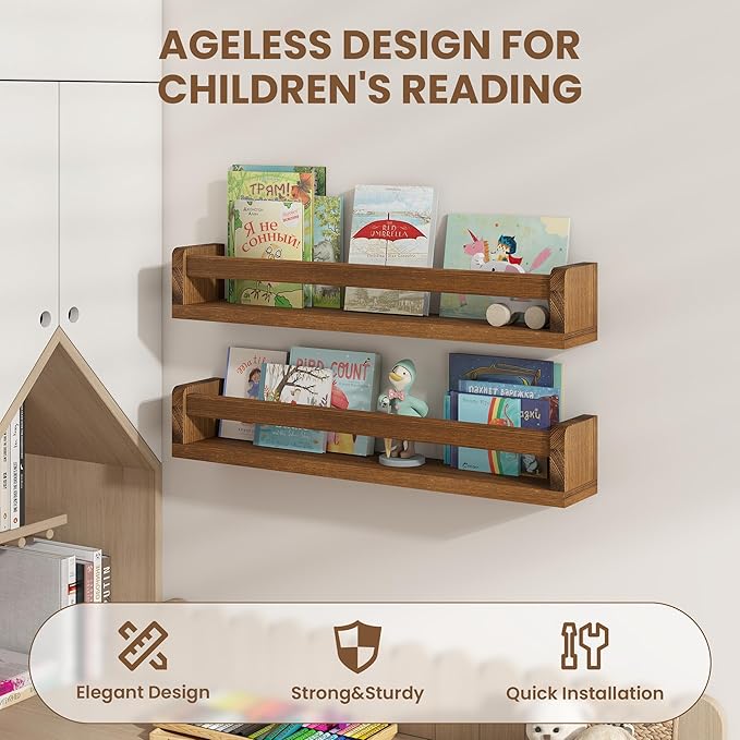 Fun Memories Nursery Book Shelves Set of 4, 24 Inch Solid Wood Wall Book Shelves, Kids Room Floating Shelves Organizer & Toy 