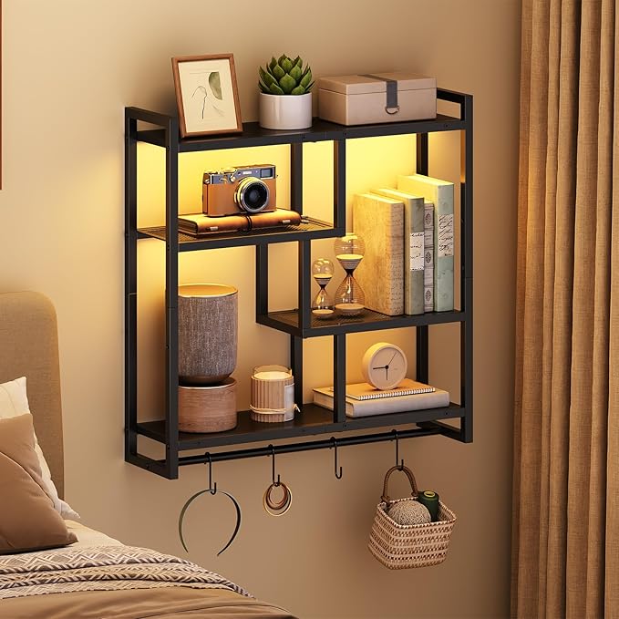 HOOBRO Gaming Floating Shelves with LED Lights, 28.7" LED Wall Mounted Shelf, 4-Tier Floating Wall Shelf for Storage, Display