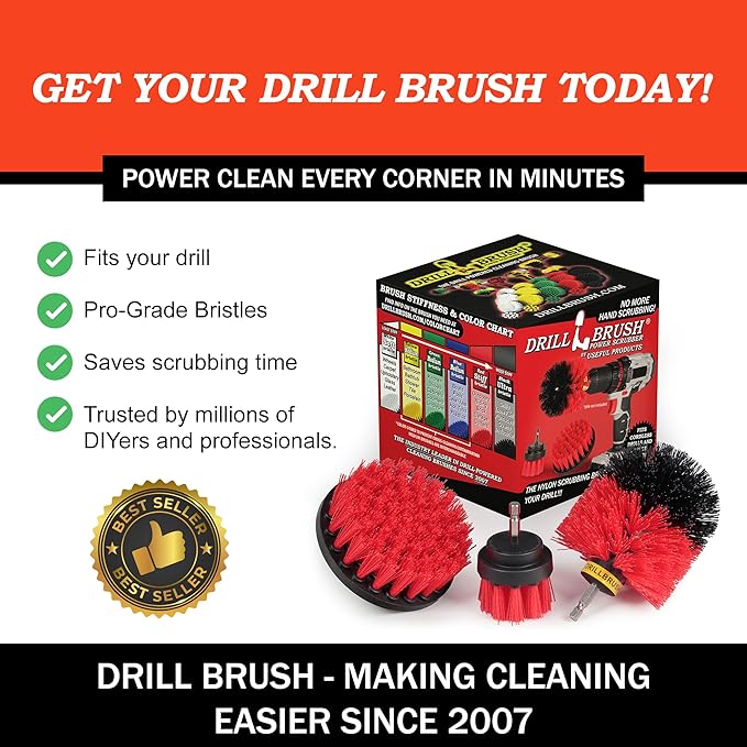 Drillbrush Heavy Duty Stiff Bristle Brush Kit – Power Scrubber Attachment for Concrete, Brick, Siding, Stone, Driveways, Fire
