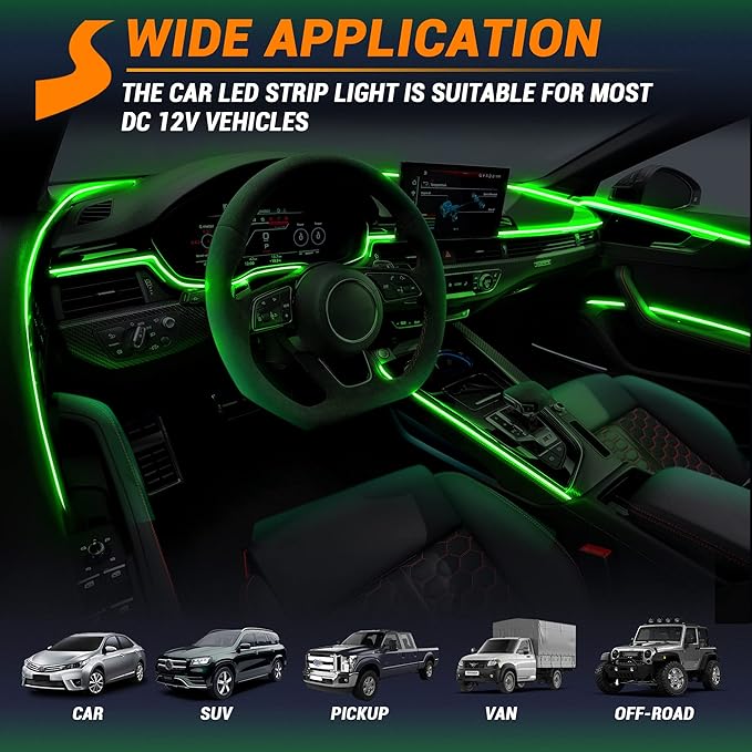 Interior Car LED Strip Lights 315 inches Fiber Optic tubing USB Powered RGB 6 in 1 Car Neon with Wireless APP and Remote Control, Ambient Lighting Kits 16 Million Colors,Sync to Music