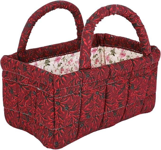 Small Storage Basket Organizer, Mini Fabric Floral Storage Baskets with Handle, Quilted Portable Collapsible Storage (J)