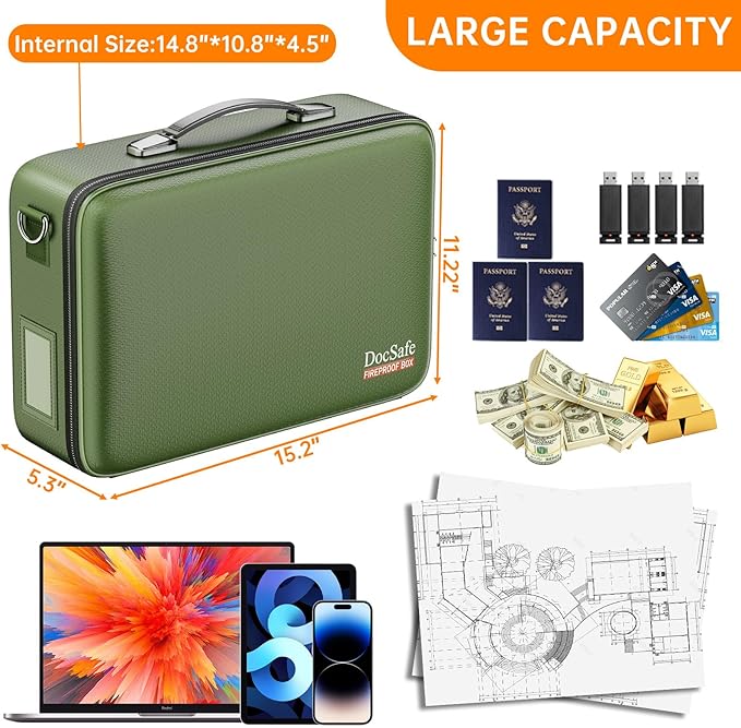 DocSafe Fireproof Document Box with Lock＆Shoulder Strap,Hard Case File Organizer with Accordion File Folder,Multi-Layer Porta