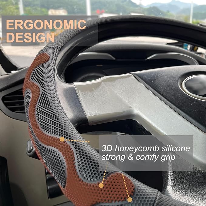 PINCTROT XL Size 17.5-18 Inch Comfy Grip Steering Wheel Cover for Semi Truck, Fits RV, Big Rig Trucker, 18 Wheeler and Classic Cars, Anti-Slip Design 17.5-18 Inch(Silicone Brown)