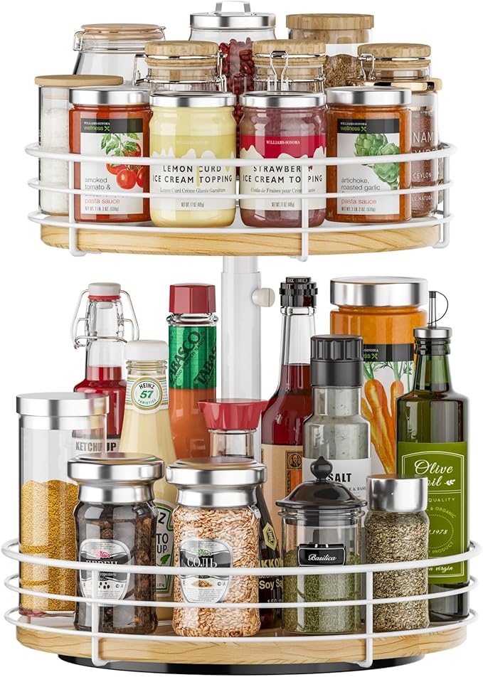 Two Tier Lazy Susan Metal, 2 Tier Wood Lazy Susan 12 Inch, Rotating Spice Rack Organizer for Cabinet Dining Table Top Kitchen