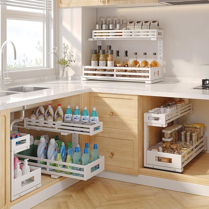 2-Pack 20.47"Deep Under Sink Organizer And Storage,2-Tier L-Shaped Pull Out Cabinet Organizer with Upgraded Slide Rails,Heigh