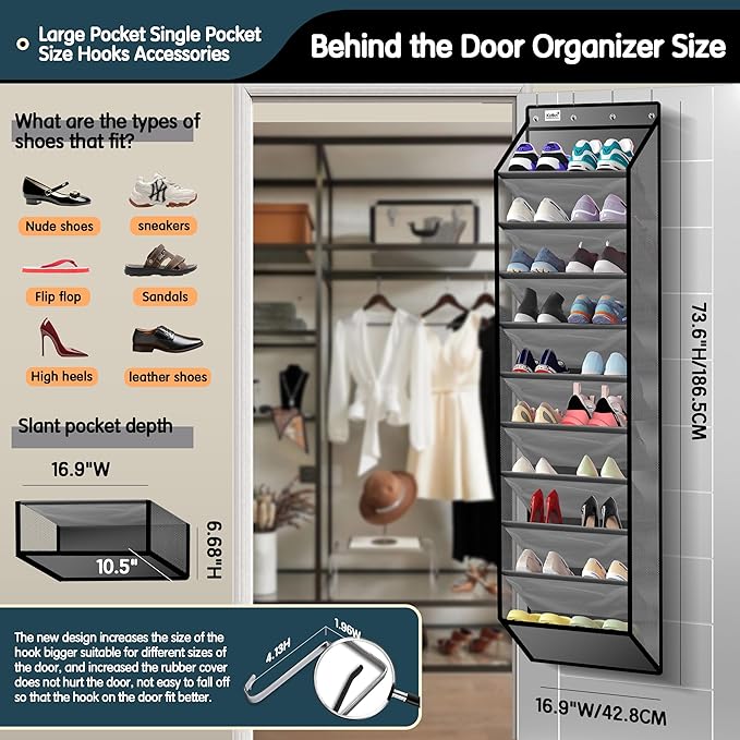 Kotkn 10 Tier Over The Door Organizer - Heavy Duty Hanging Storage Rack with Sturdy Oxford Fabric, Holds 20+ Pairs of Footwea
