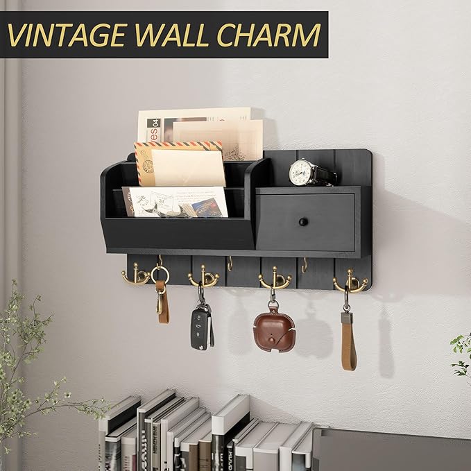 Rebee Vision Key Holder Wall Mount with Mail Sorter - Decorative Mail Organizer for Wall with Key Hooks and Drawer Organizer 
