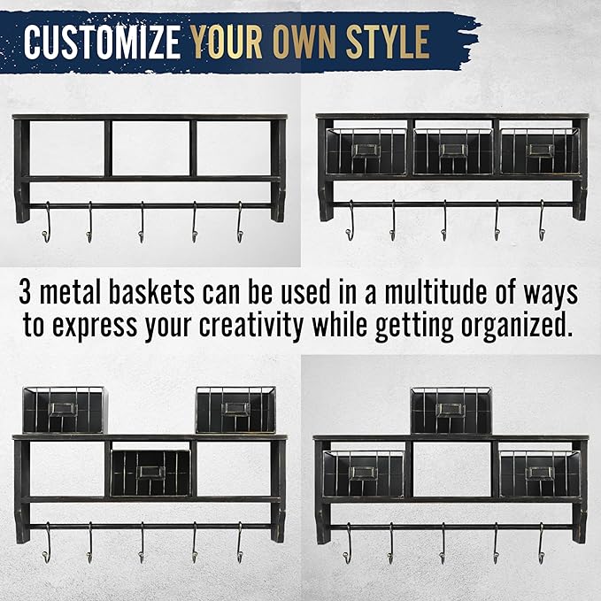 BizChair Wall Mounted Storage Rack - Blackwashed Solid Pine Wood - 24 Inch - Upper Shelf - 5 Hooks - Wire Baskets - For Entry