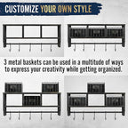 BizChair Wall Mounted Storage Rack - Blackwashed Solid Pine Wood - 24 Inch - Upper Shelf - 5 Hooks - Wire Baskets - For Entry